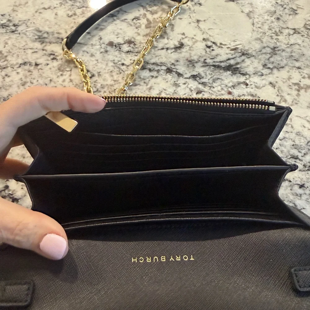 Tory Burch Black Saffiano Robinson or Emerson Gold Chain Bag Wallet Purse